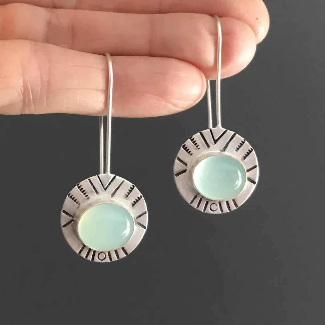 Water green chalcedony earrings for women, retro drop shape, antique silver water green metal, 44mm x 17mm, one pair