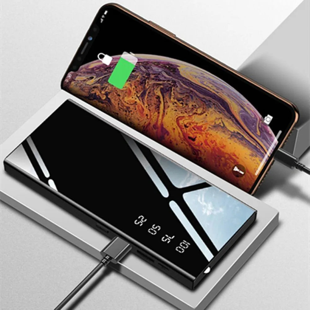 20000mAh power bank with LCD display and dual USB ports in black, red, or white colours
