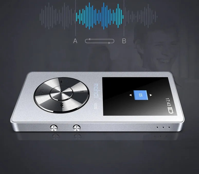 Gold metallic MP3 music player with 1.8-inch screen displaying music interface