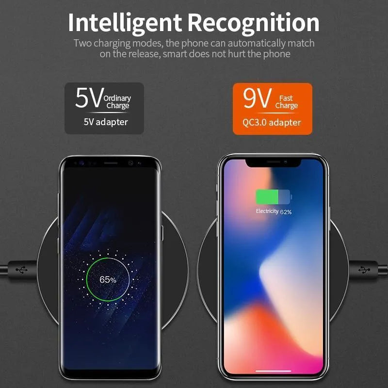 Ultra-thin black wireless fast charging pad measuring 98mm square with USB cable