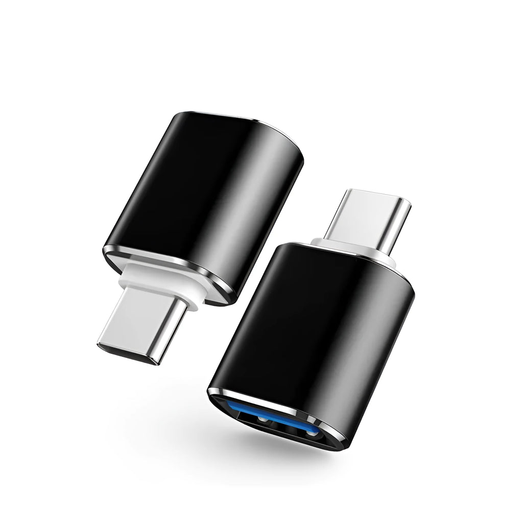 Type-C to dual USB-A OTG adapter in black, gold, and silver colour options