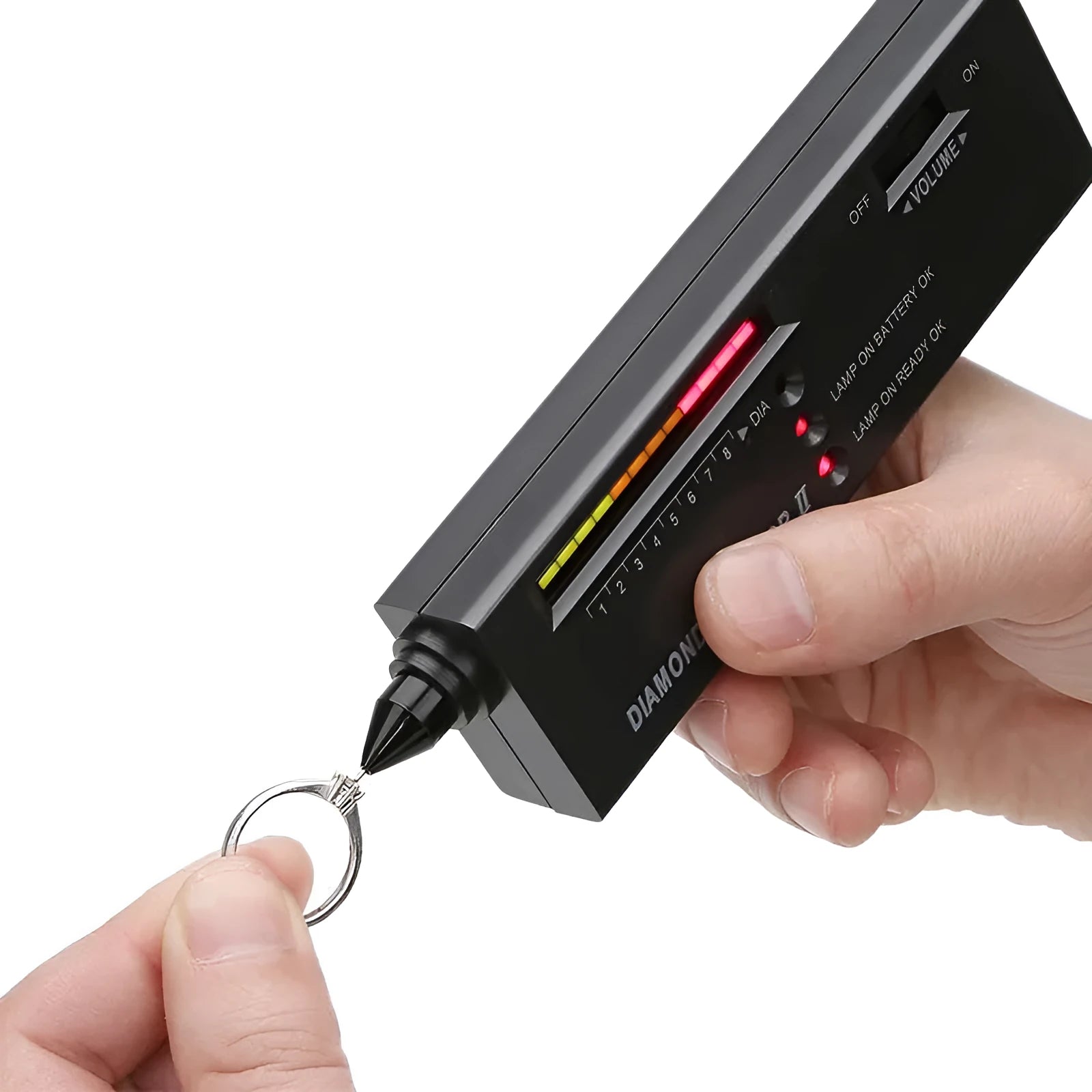 Black handheld Diamond Thermal Conductivity Tester with metal probe on a dark surface.