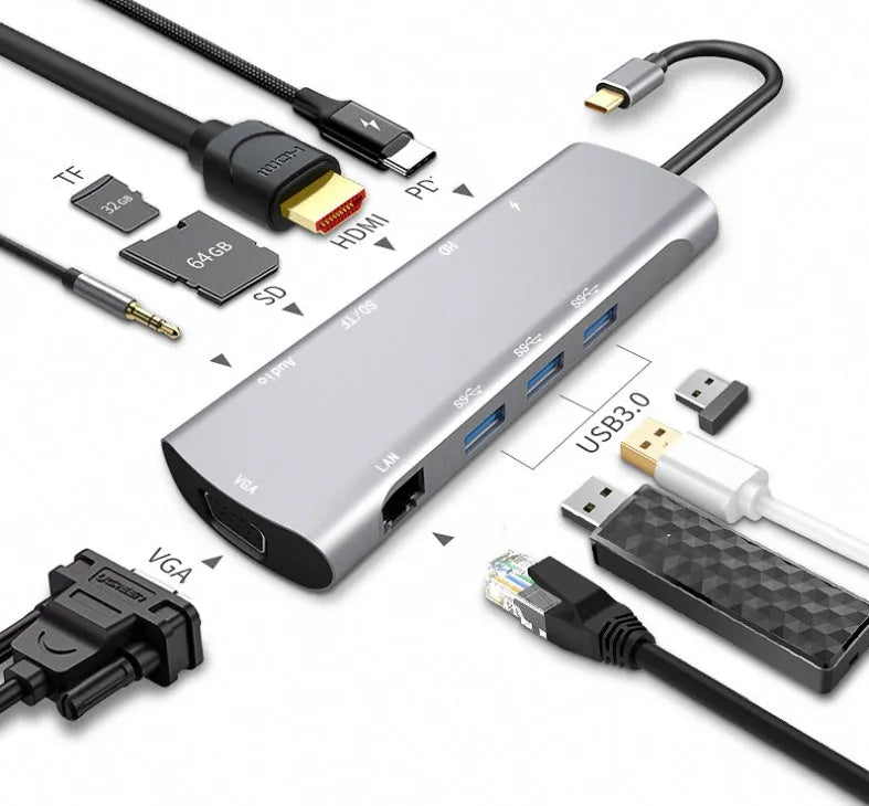 Grey aluminium USB-C docking station with HDMI, VGA and USB ports