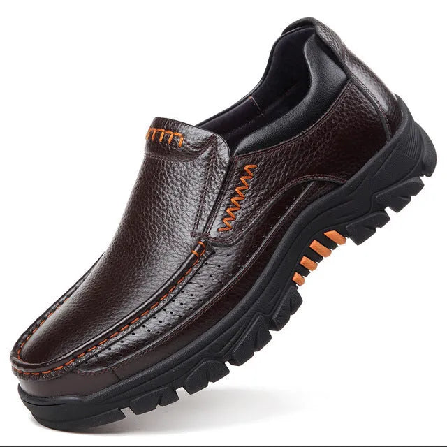 Men's black and brown cowhide leather slip-on business casual shoes with rubber soles