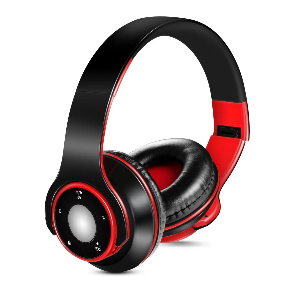 Foldable wireless Bluetooth headset with adjustable hinges in blue, red, or rose red colours