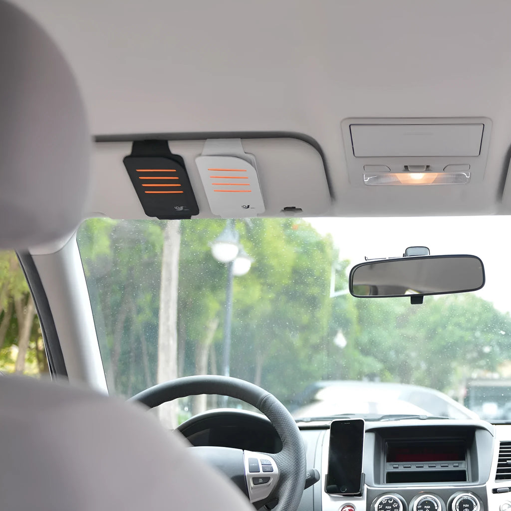 Car sun visor set showing four shading panels and vehicle-mounted storage bag in black or grey