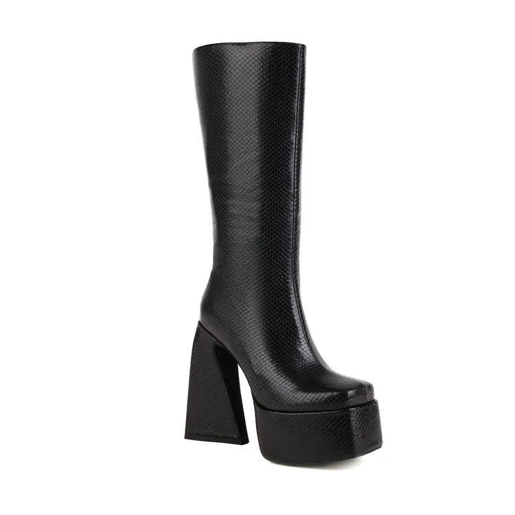 Women's casual high boots in artificial PU leather, shown in black, red, blue, and white colour options.