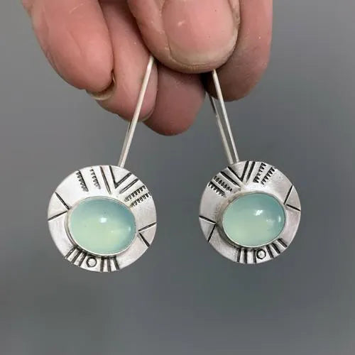 Water green chalcedony earrings for women, retro drop shape, antique silver water green metal, 44mm x 17mm, one pair