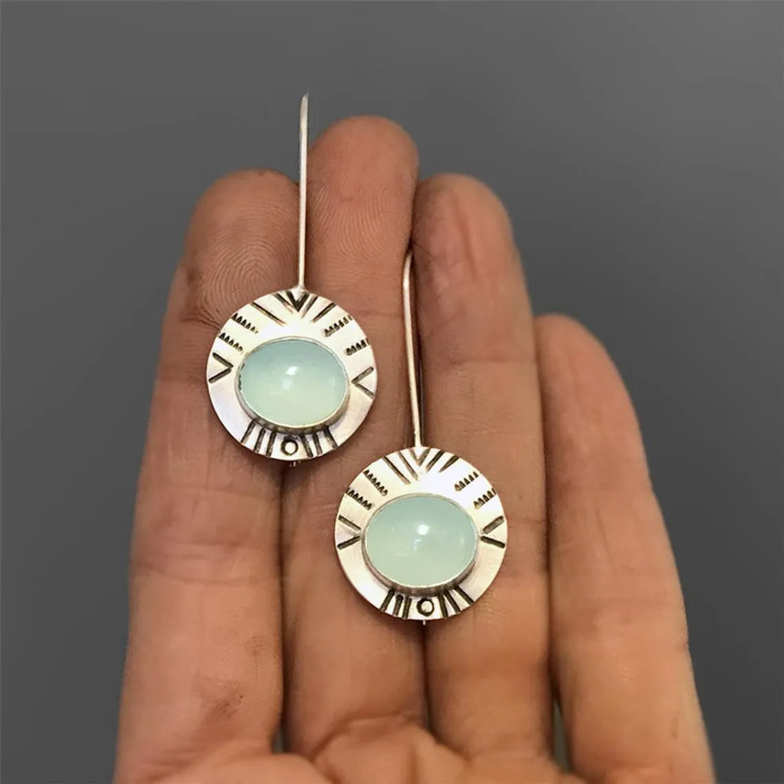 Water green chalcedony earrings for women, retro drop shape, antique silver water green metal, 44mm x 17mm, one pair