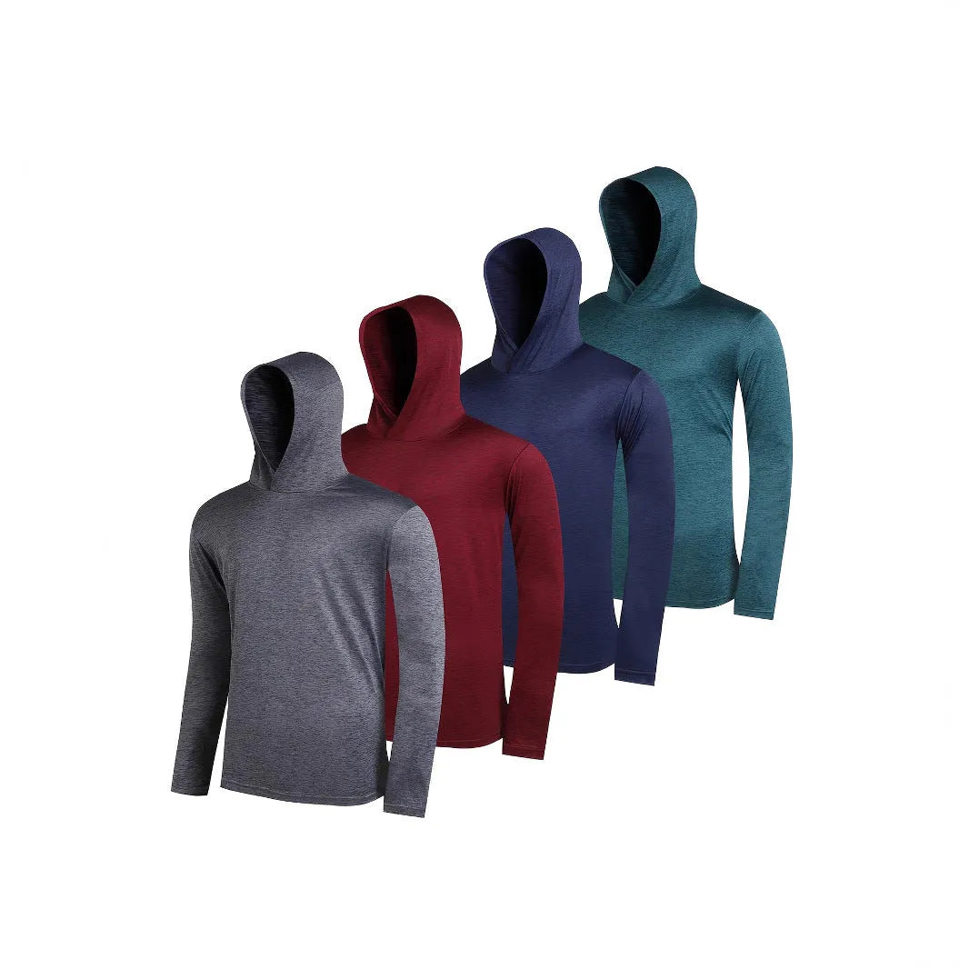 Four men's lightweight polyester hoodies in different colours displayed together as a coordinated set