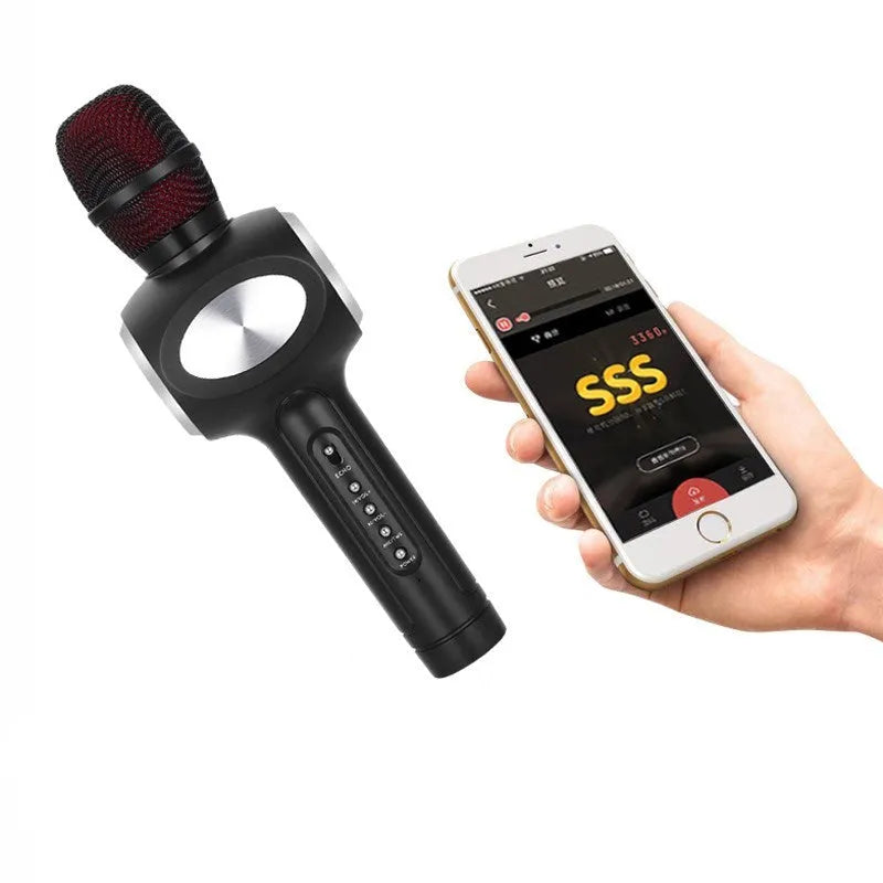 Yaerjia E108 black portable karaoke microphone with built-in speakers and echo effects