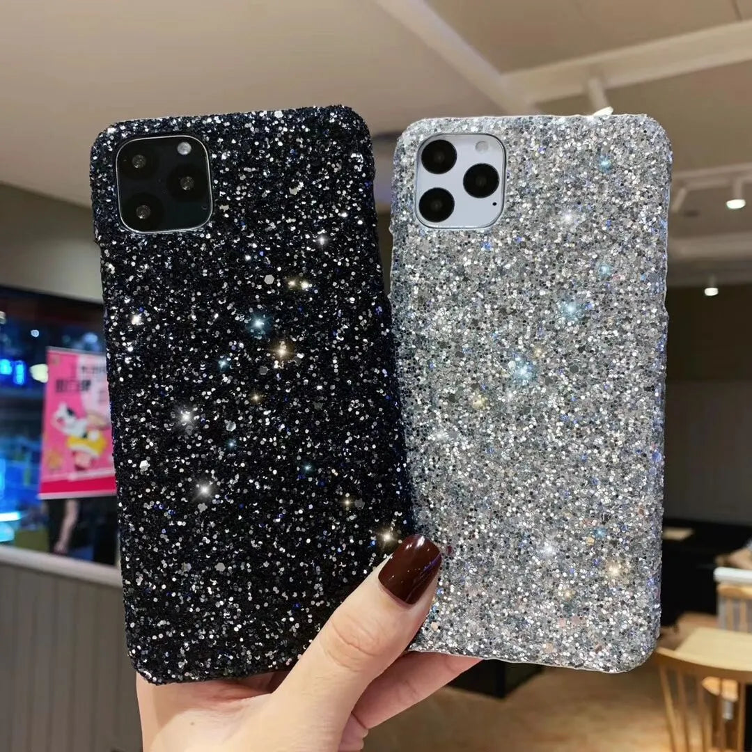 Glitter sequin PC phone case for iPhone models with raised camera frame in black colour option
