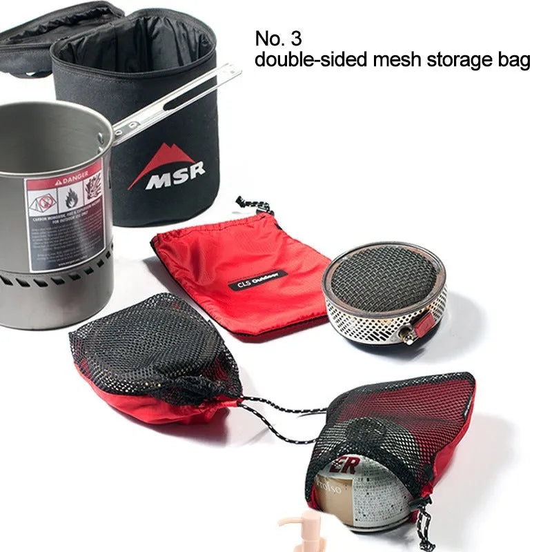 Set of five red Oxford cloth travel storage bags with mesh panels and zippers