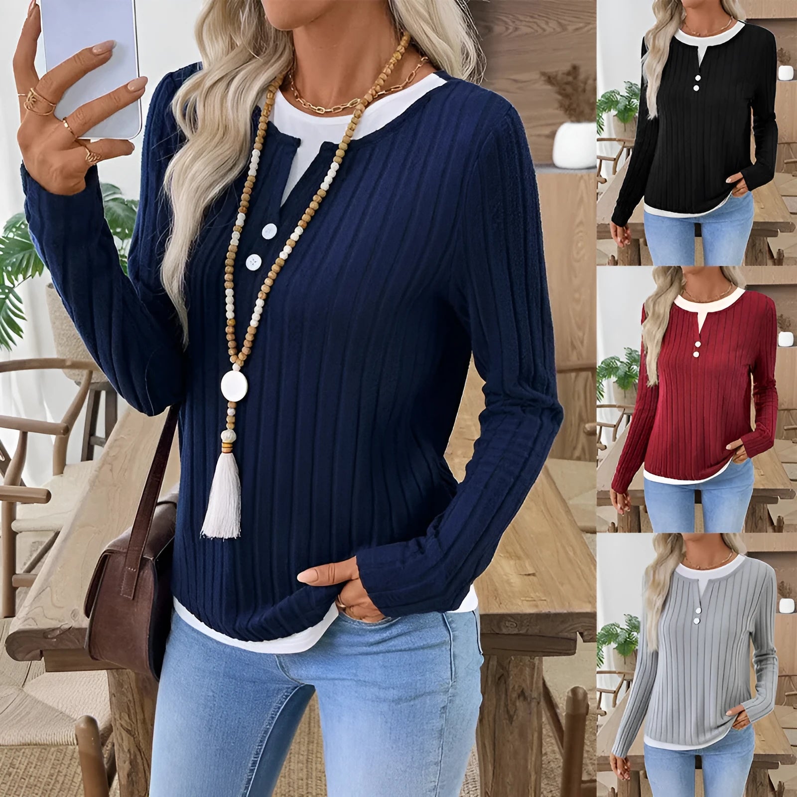 Women's black fake two-piece pullover sweater with a round neck and button front, showing concave stripe texture.