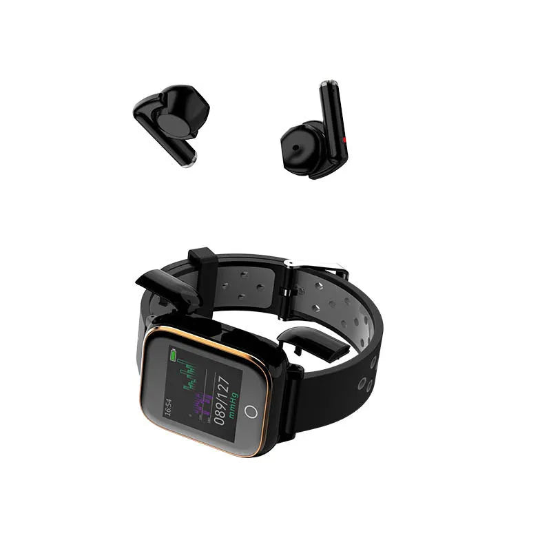 Black smartwatch with detachable Bluetooth earbuds stored in the watch case.