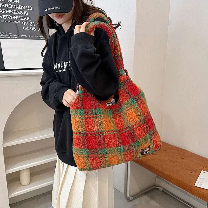 Women's plush plaid crossbody tote bag in Army Green colour showing 40x44x9cm dimensions and internal zipper pocket
