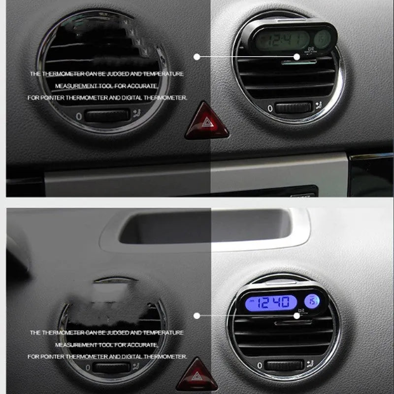 Black car dashboard clock thermometer with digital LED display showing time and temperature
