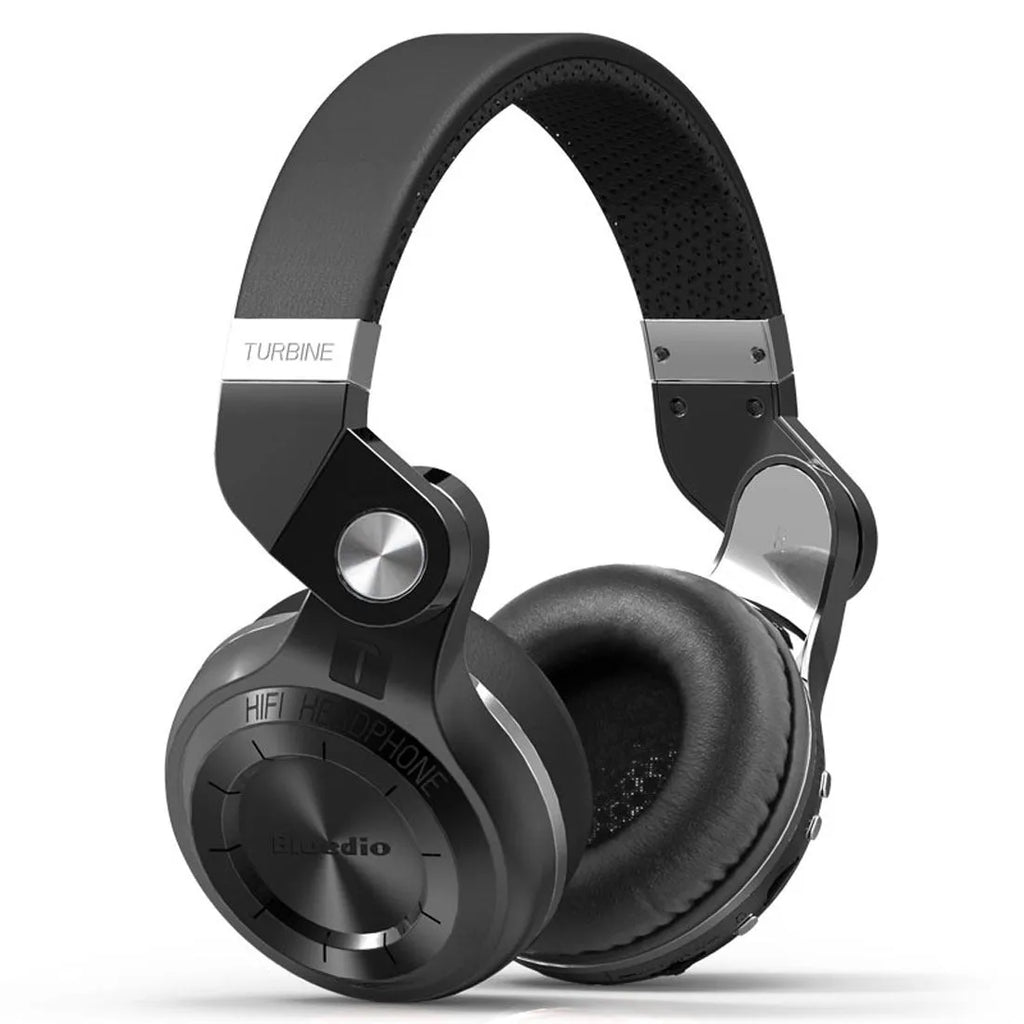 Black Bluetooth headset with an in-line card plug-in, shown as a head-mounted bilateral stereo unit.