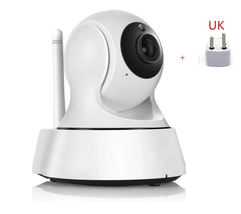 White wireless network camera with 720P HD, 3.6mm lens, 10m night vision, and 355° pan