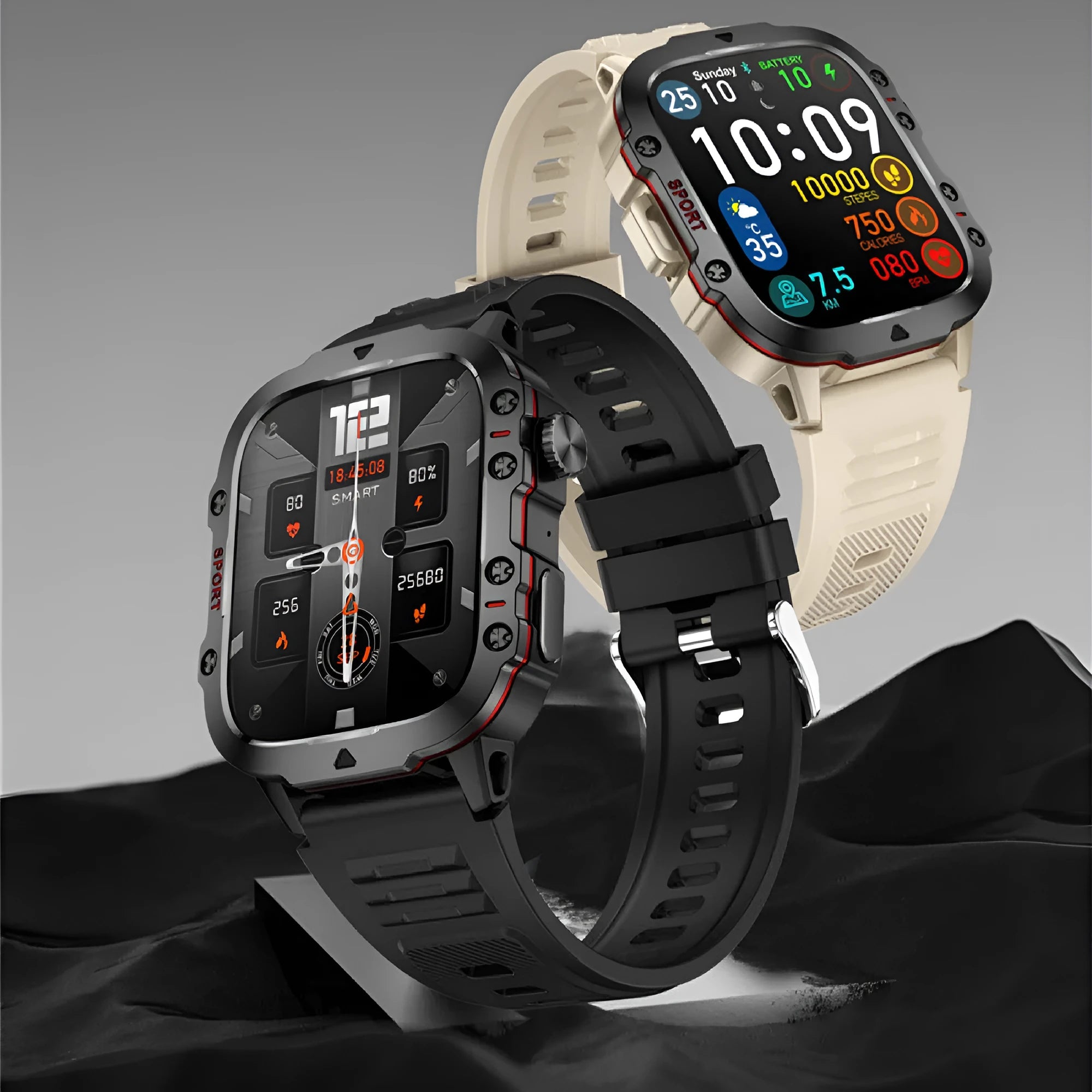QX11 Smart Bluetooth Watch in black or khaki with TFT screen showing fitness stats