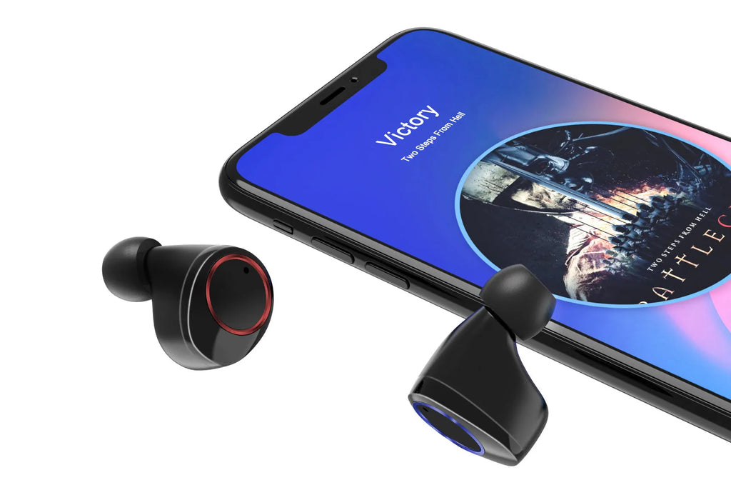 Black X11 Bluetooth wireless earbuds with a matching charging case and assorted silicone ear tips.