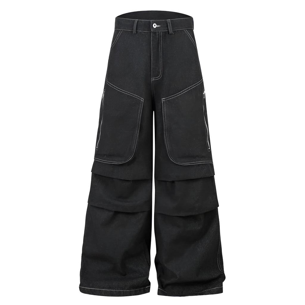 Black multi-pocket pleated workwear jeans with zip placket closure on mannequin