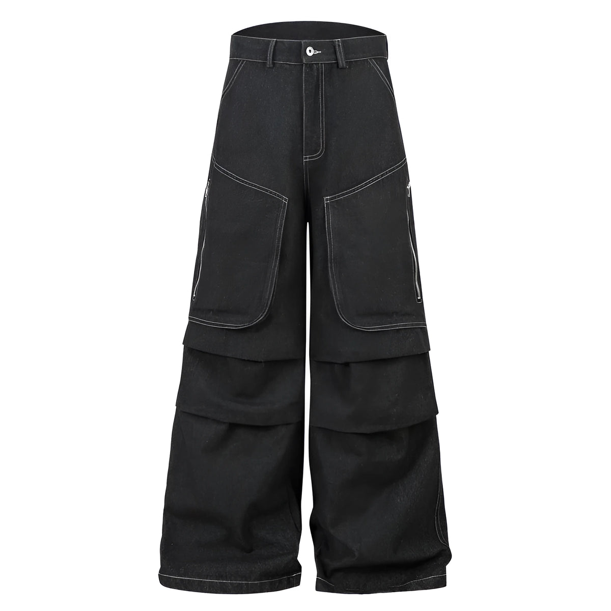 Black multi-pocket pleated workwear jeans with zip placket closure on mannequin