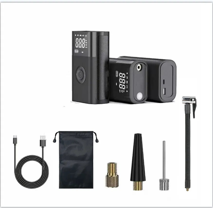 Wireless handheld digital air pump with display screen showing tyre pressure, surrounded by nozzle attachments for car, bicycle and sports inflation