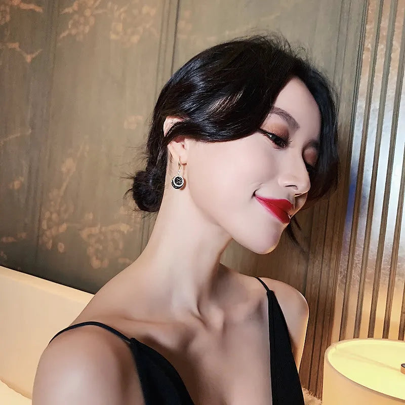 Black geometric alloy earrings with retro Hong Kong style measuring 3.6 cm in length