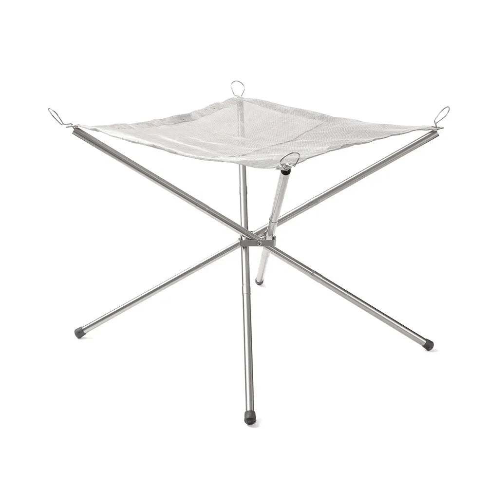 Silver stainless steel barbecue grill with matching cooking net, large size for group use.