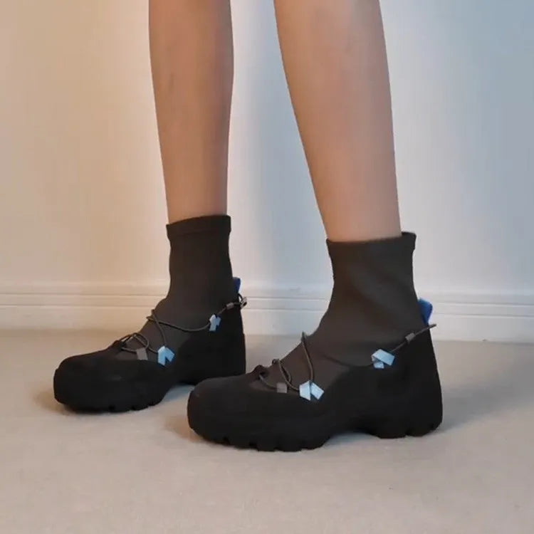 Women's retro platform ankle boots with cross strap design in grey, apricot, or black stretch microfiber, sizes 35-40.