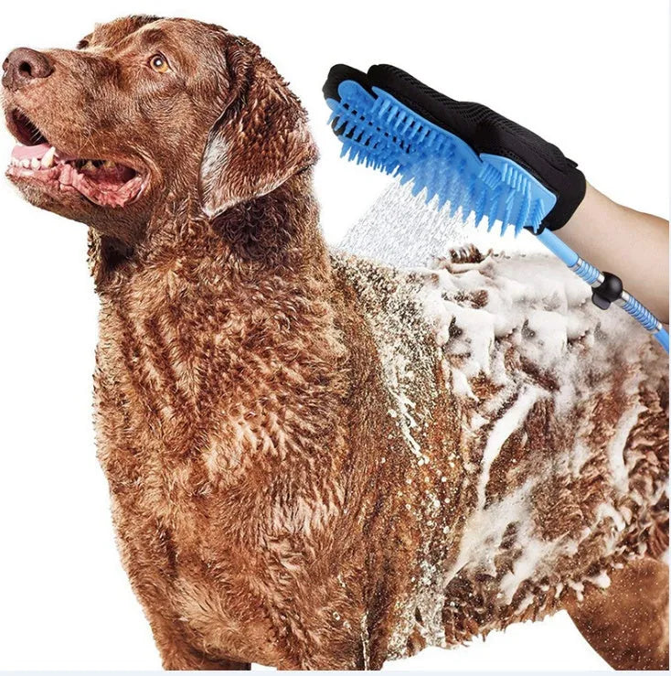 Blue handheld pet shower head with silicone massage glove, 7.5 ft hose and two faucet adapters for dog and cat bathing