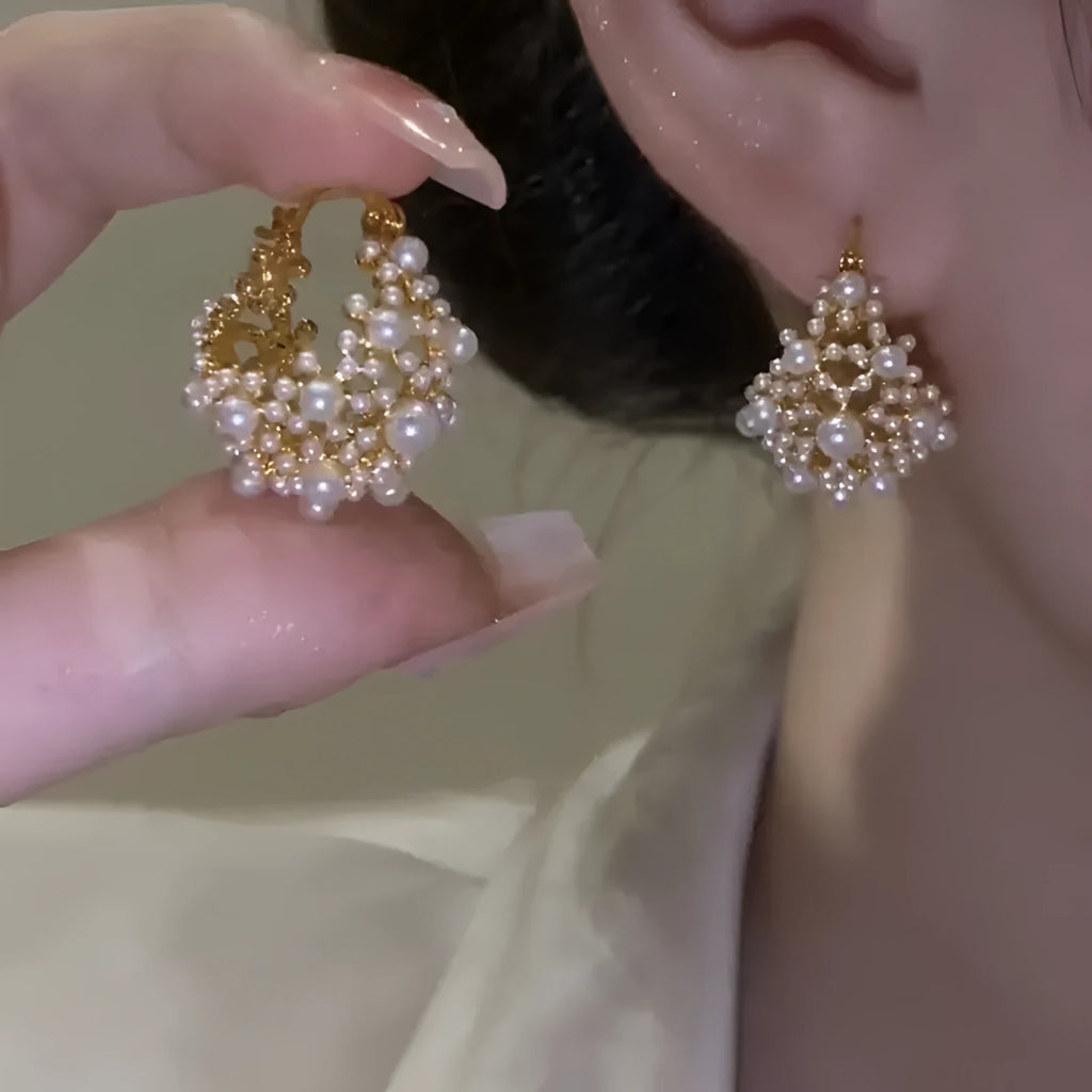 Gold flower basket earrings with pearl inlay and small rice-shaped beads for women