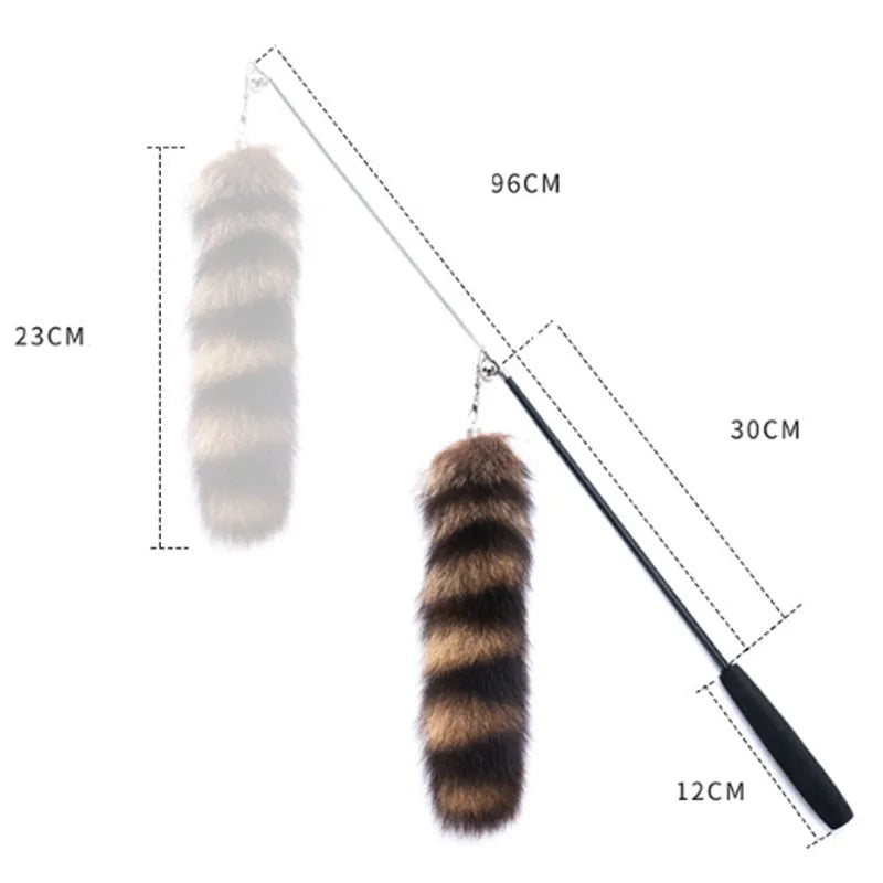Black cat toy wand with long elastic string for interactive feline play and exercise