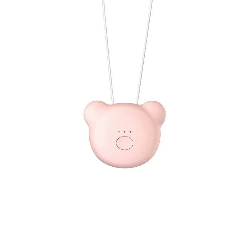 USB rechargeable mini air purifier necklace in blue, showing compact design worn around neck.