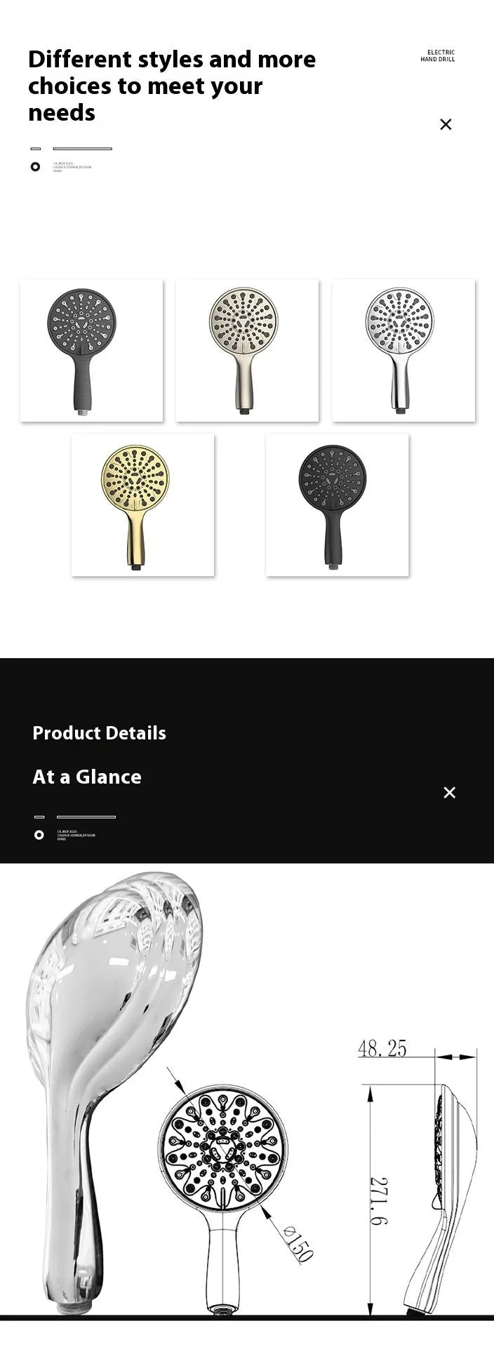 6-inch handheld shower head with six spray functions including massage, bubble and rain modes