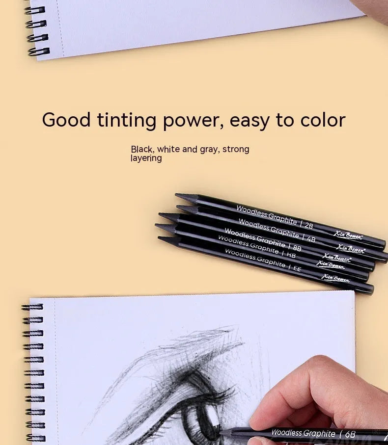 Set of six wood-free graphite sketching pencils in different grades for artistic drawing