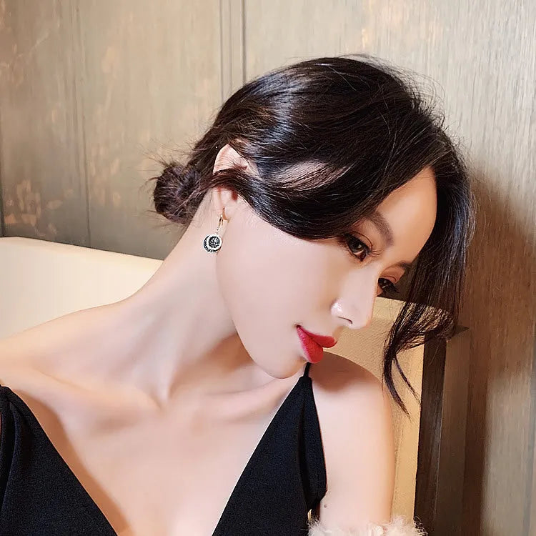 Black geometric alloy earrings with retro Hong Kong style measuring 3.6 cm in length