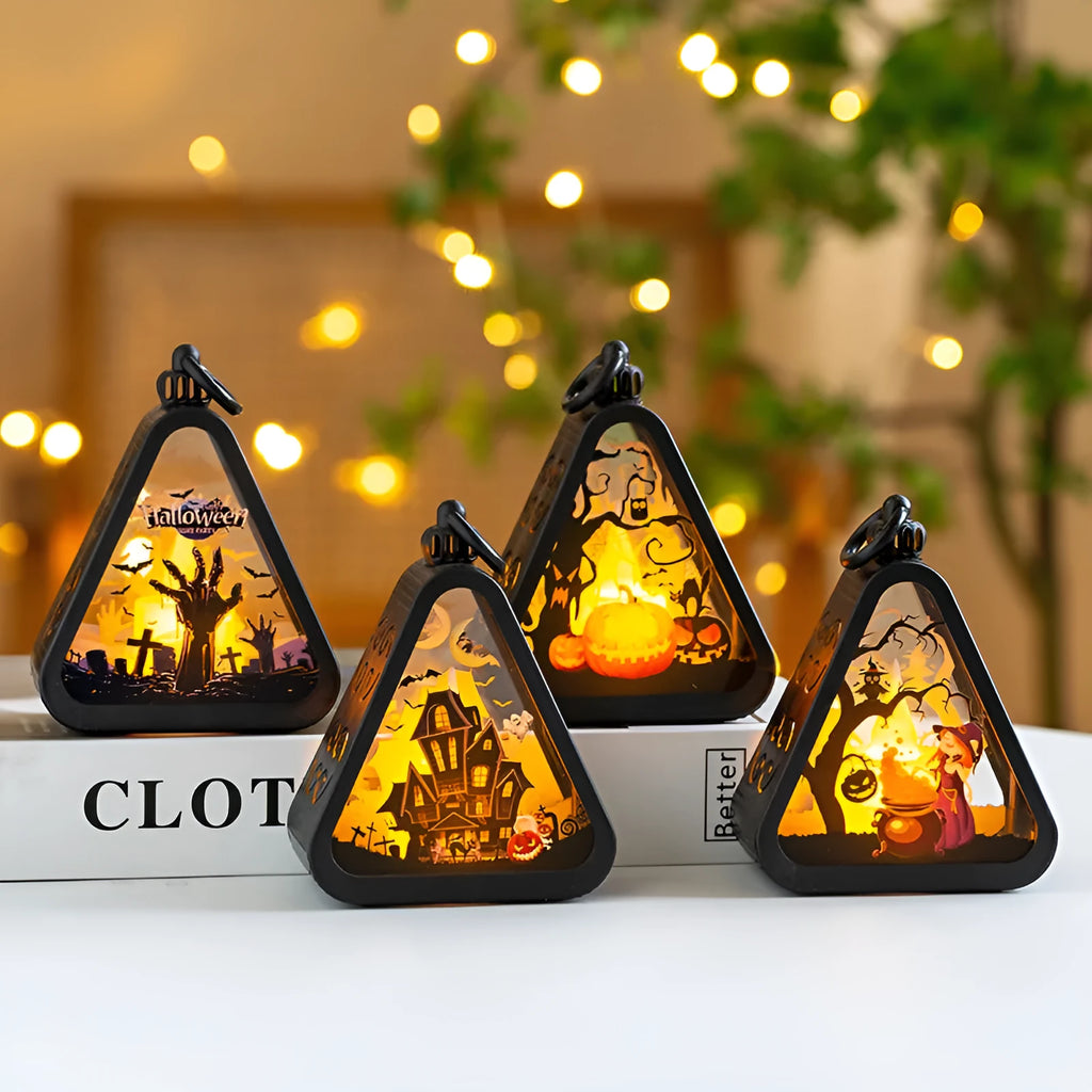 Halloween pumpkin lamp decoration prop showing plastic and glass construction in tabletop size
