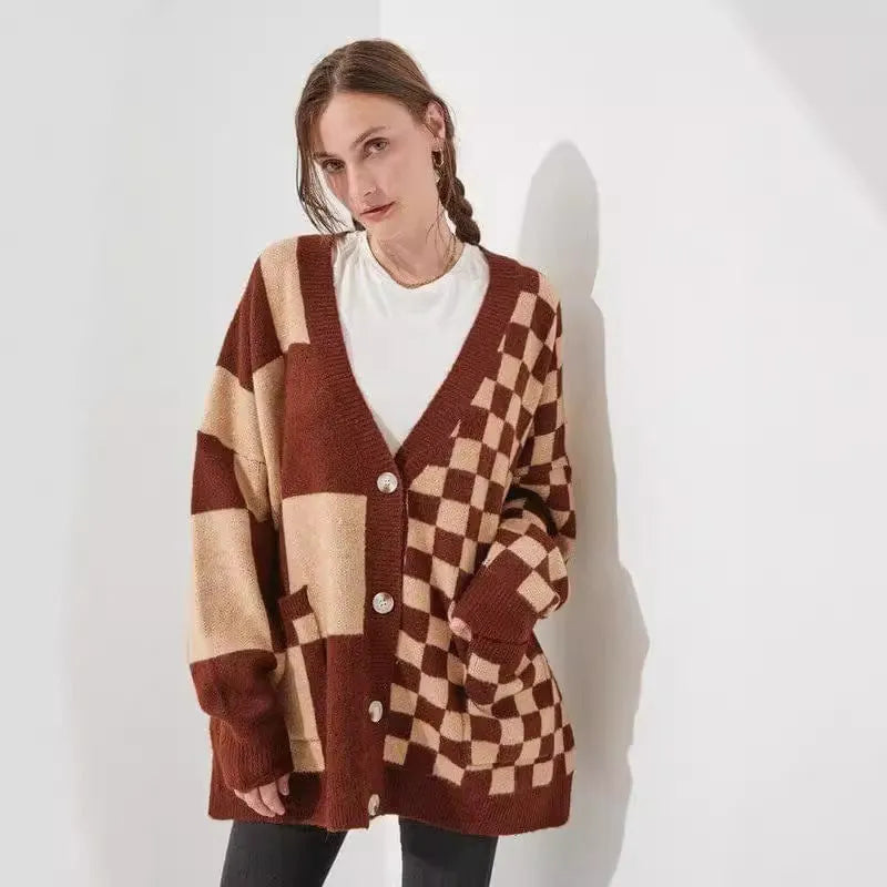 Loose fit printed check cardigan in polyester spandex blend, shown in available colour options