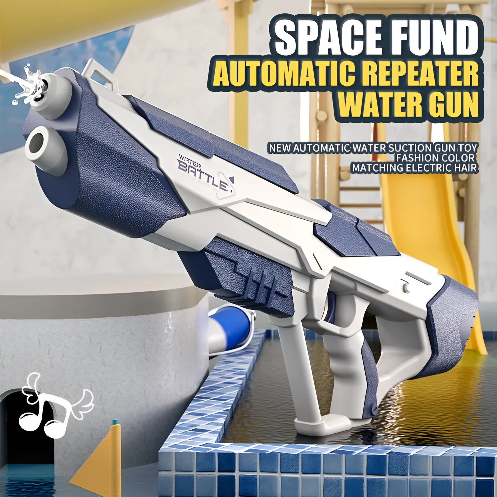 Blue electric water gun with USB charging cable and 358ml water capacity for outdoor use