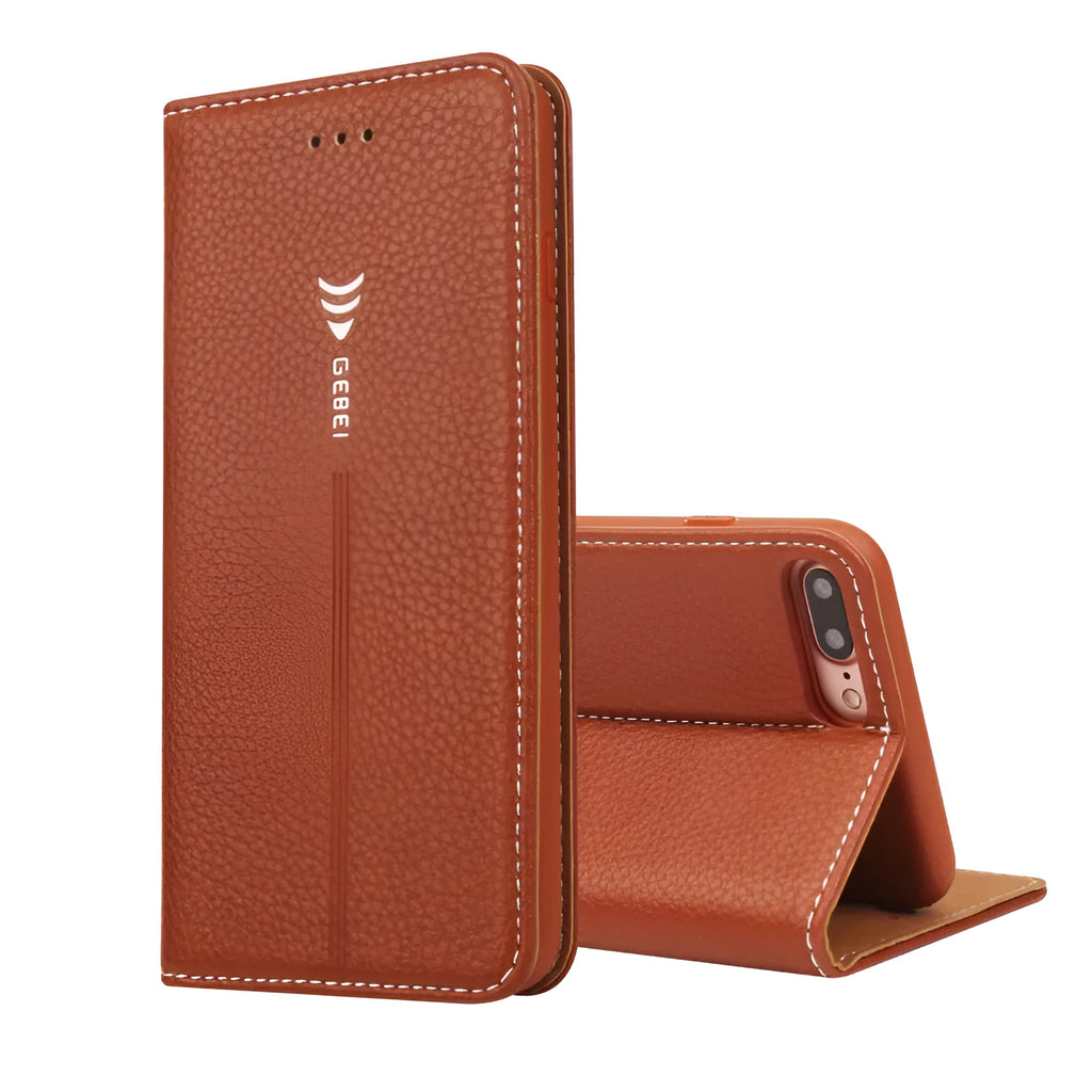 PU leather wallet phone case for iPhone showing card slots and cash compartment in khaki colour