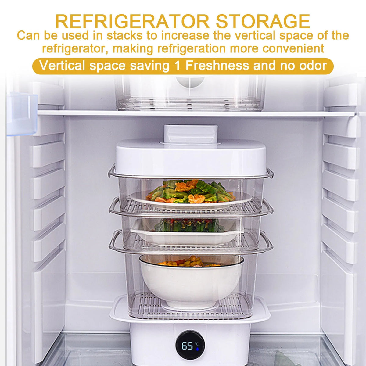 Plastic multi-layer dish cover in white with temperature display on dining table