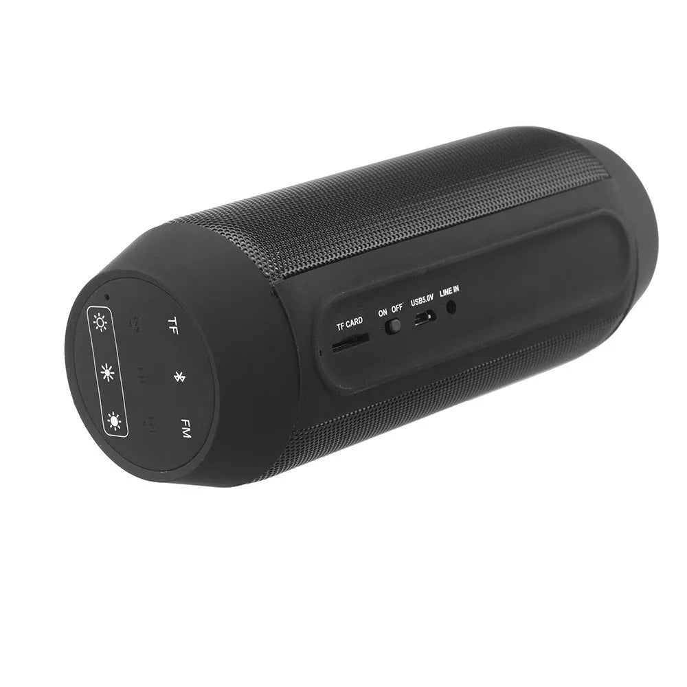 Black or white portable Bluetooth stereo with colourful lights showing 360° sound and compact 19.5×9×8cm size
