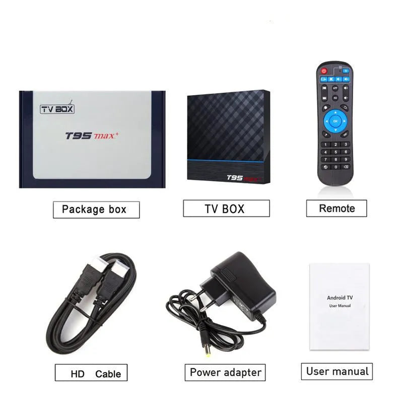 Black T95 Max Plus Android TV box with remote control, showing UK power plug
