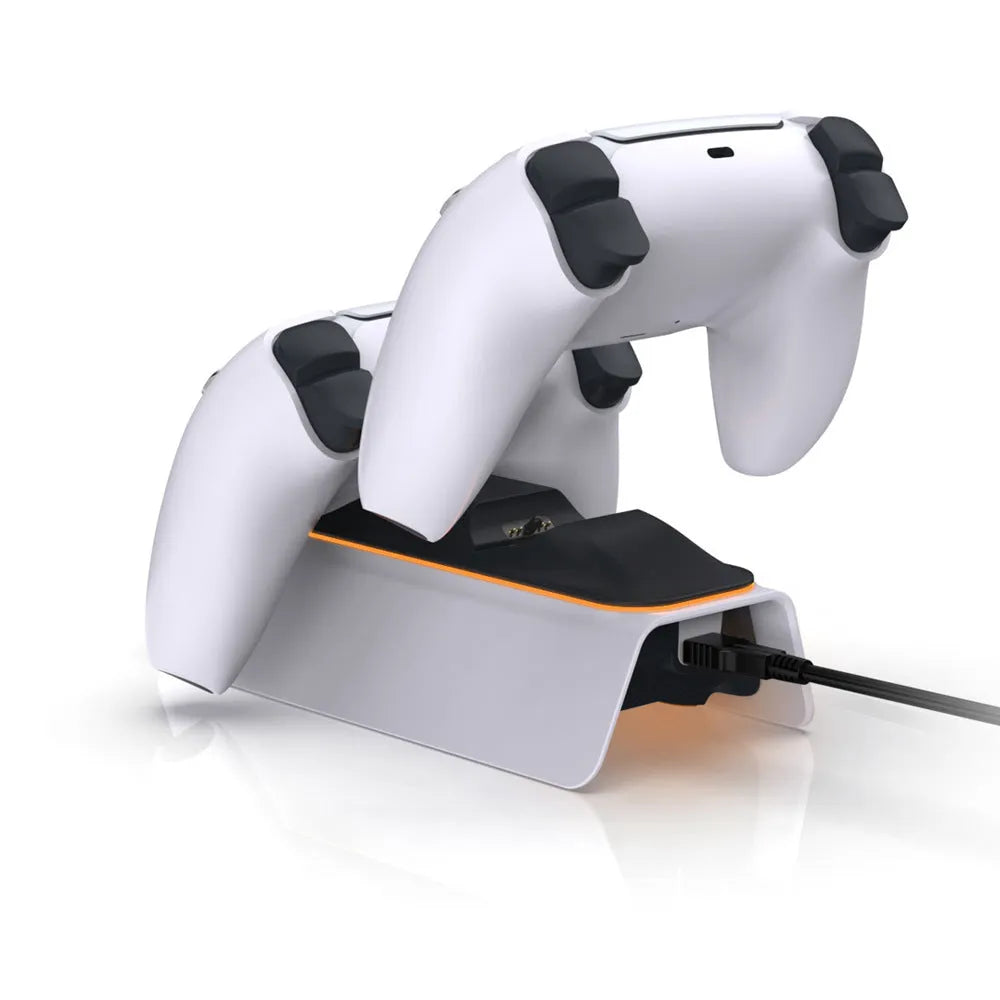 White PS5 dual controller charger for two DualSense gamepads with US or universal plug