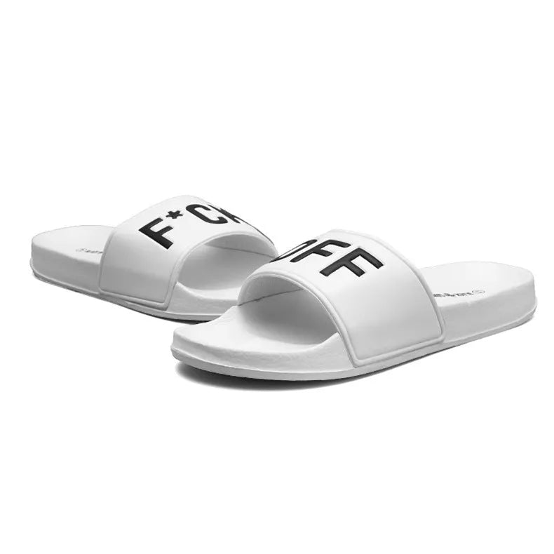 Men's black and white open toe slippers with rubber soles showing size range 36-46
