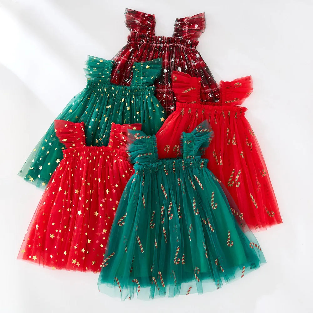XINGX girls suspender skirt in Snowflake Red and Green colour, polyester fabric, side view