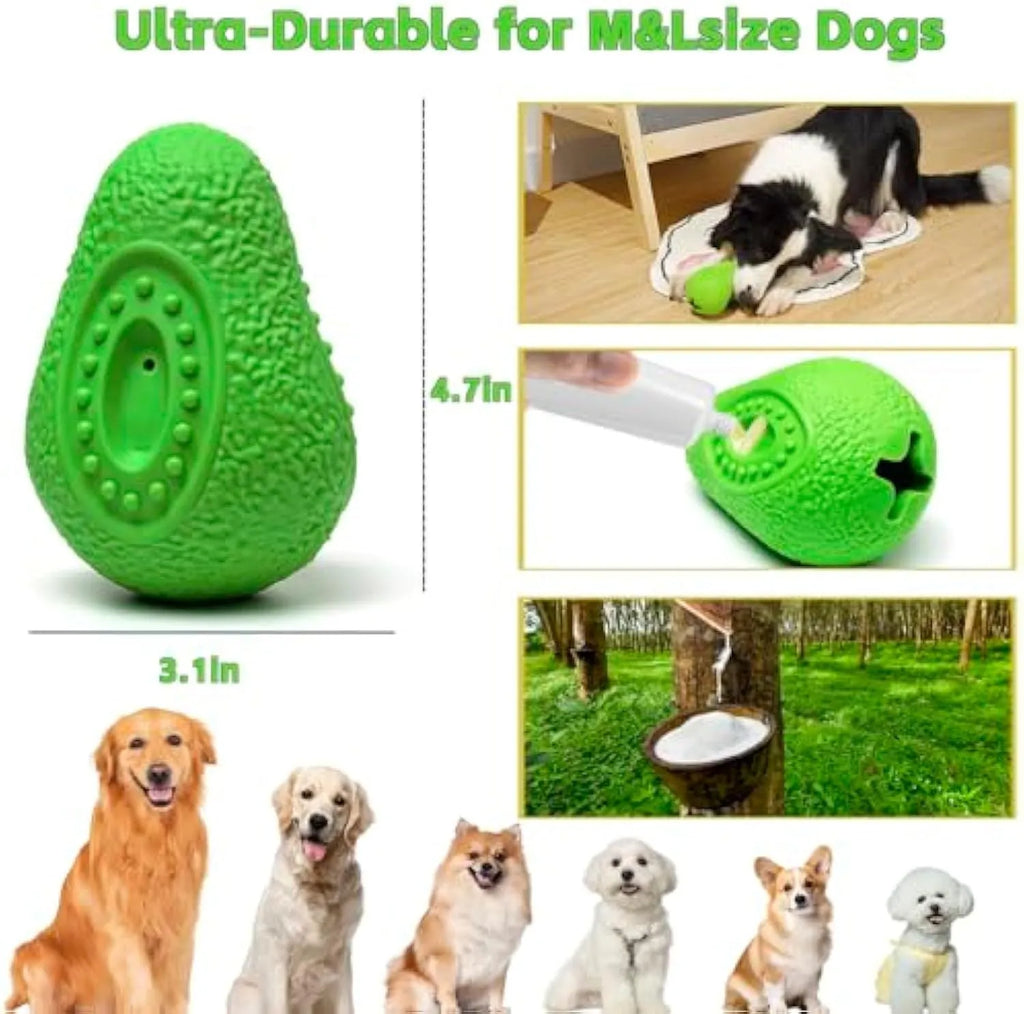 Green avocado-shaped heavy duty rubber dog chew toy for aggressive chewers and teeth cleaning.