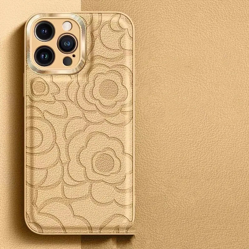 Camellia leather pattern phone case in antique white for iPhone with soft edge and hard back drop protection
